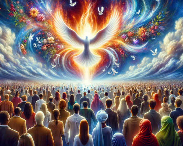Crowd Under Colorful Sky with Phoenix and Doves