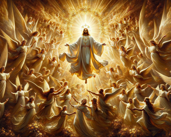Angels in White Robes Gazing at Glowing Jesus