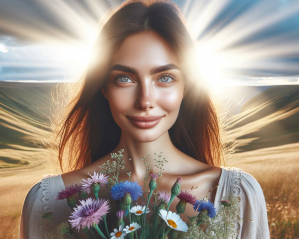 Serene Woman in Golden Field with Wildflowers