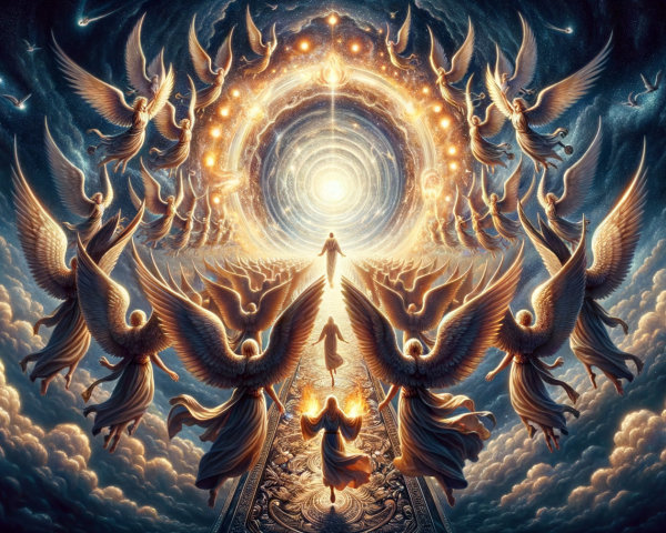 Angels in Golden Light Tunnel with Ethereal Figures