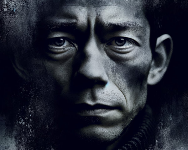 Close-up of a man's solemn face with deep-set eyes