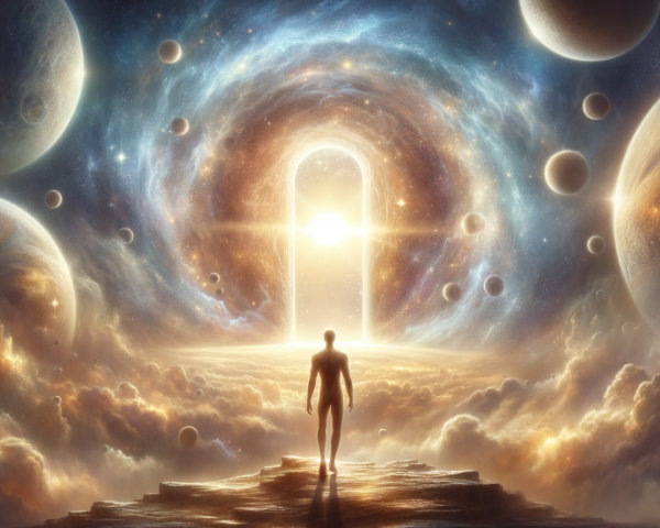 Solitary Figure Before Radiant Portal in Cosmic Landscape