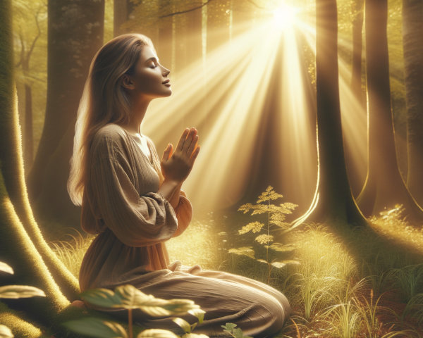 Young Woman Praying in a Sunlit Forest Setting