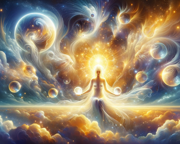 Ethereal Being on Cloud with Energy Spheres and Halo