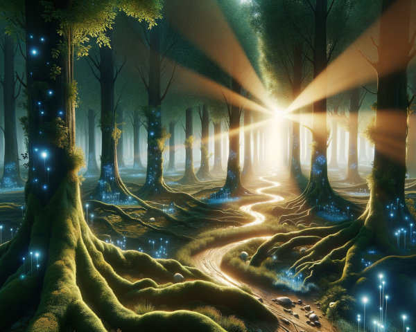 Mystical forest with golden light and vibrant moss