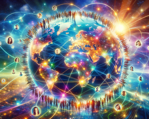 Earth Surrounded by Colorful Connections and Silhouettes