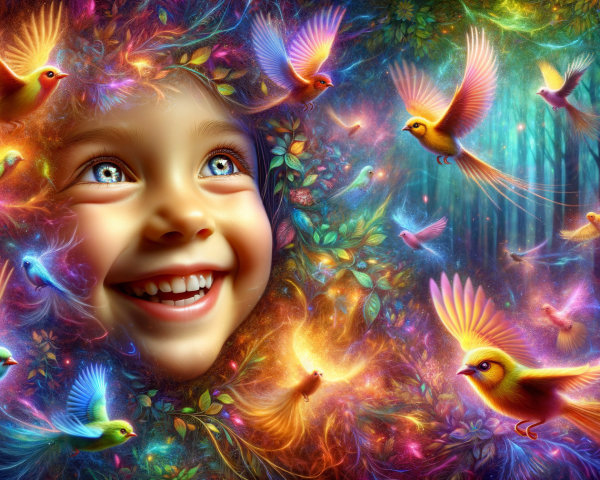 Joyful Child in a Colorful, Magical Forest Scene