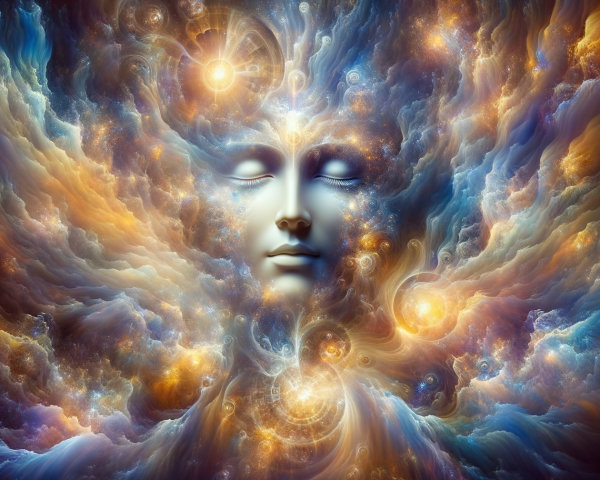 Ethereal Face in Vibrant Cosmic Colors and Light Orbs