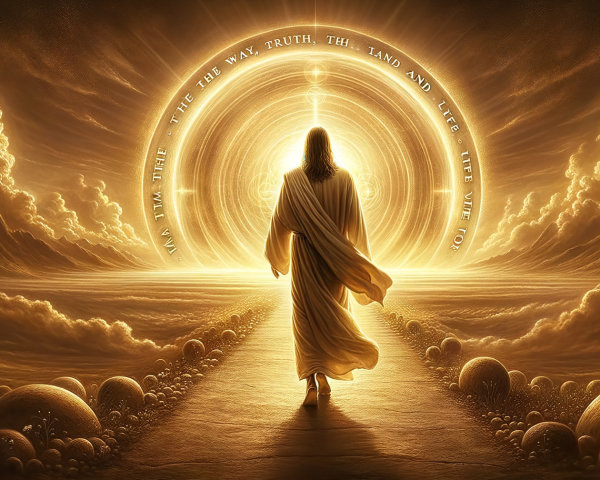 Radiant Figure on Golden Pathway with Ethereal Clouds