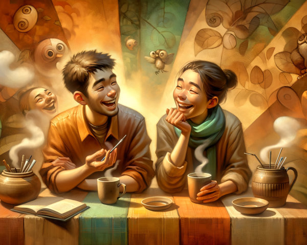 Warm Illustration of Young Adults Enjoying Coffee Together