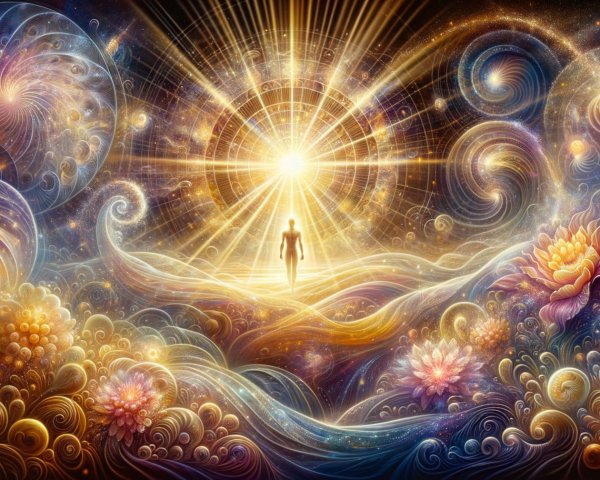 Man Approaching Bright Circle of Light in Art Nouveau Style