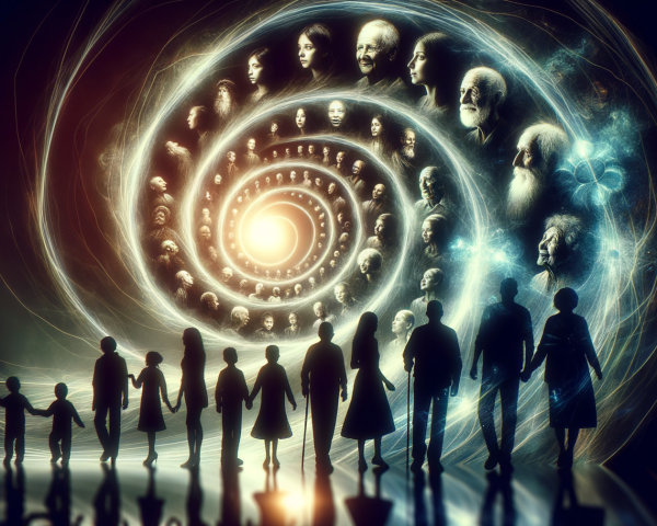 Silhouetted Group Facing Luminous Spiral of Faces