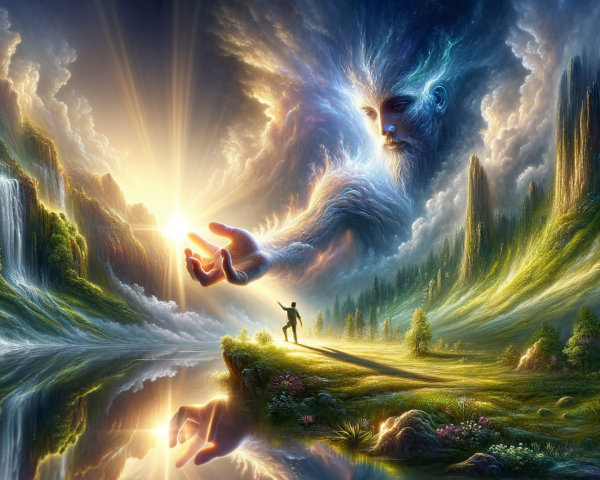 Surreal Landscape with Ethereal Figure and Waterfalls