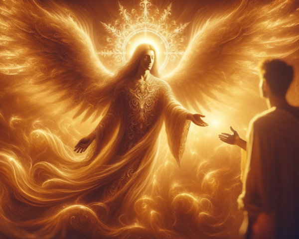 Majestic angel with shimmering wings in serene scene