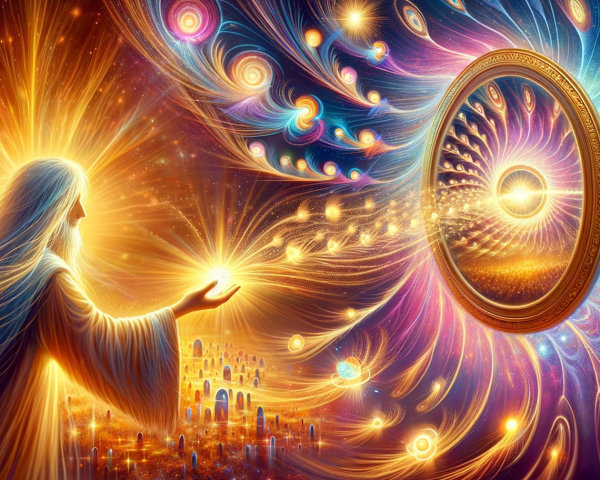 Radiant figure with light and ornate cosmic portal