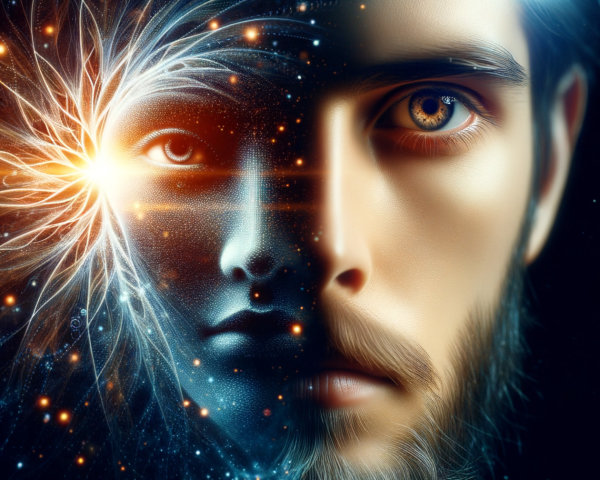 Split Face of Human and Abstract Digital Elements