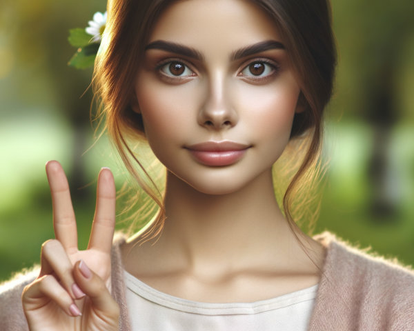 Young Woman in Nature with Peace Sign and Flower