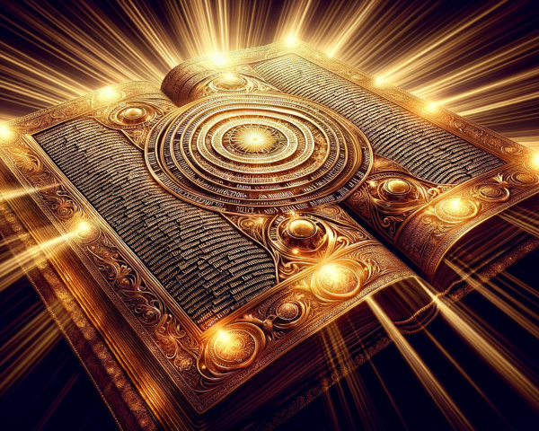 Ancient Golden Book with Intricate Engravings and Light