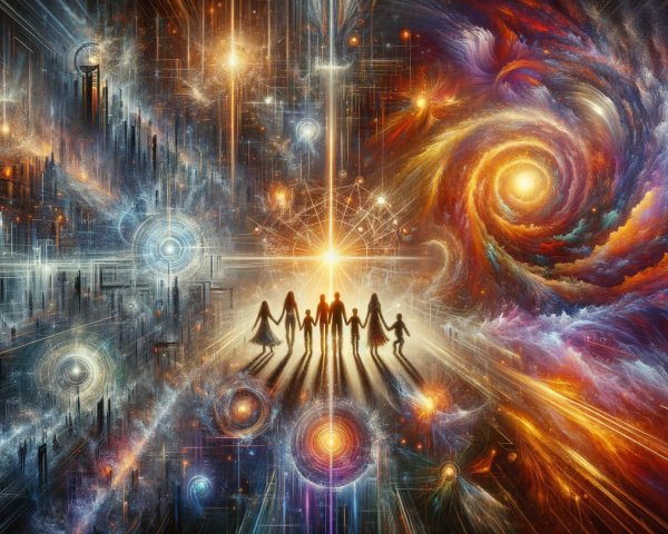 Vibrant Cosmic Scene with Galaxies and Silhouetted Figures