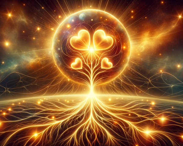 Radiant Tree with Glowing Hearts in Cosmic Setting