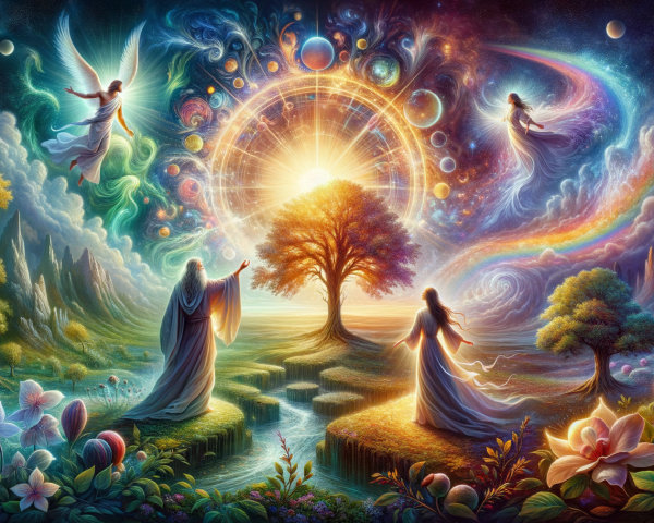 Majestic Figures in Ethereal Cosmic Landscape