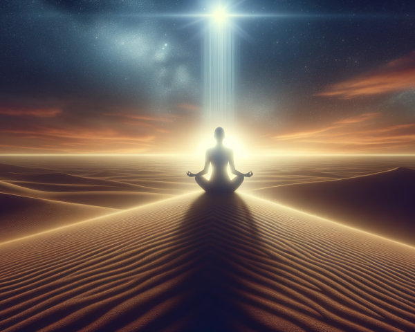 Meditative Figure in Desert at Twilight with Light Beam