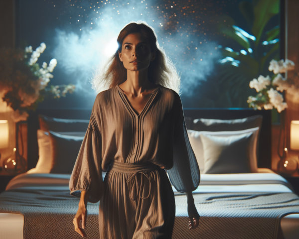 Elegant Middle Eastern Woman in Dimly Lit Bedroom