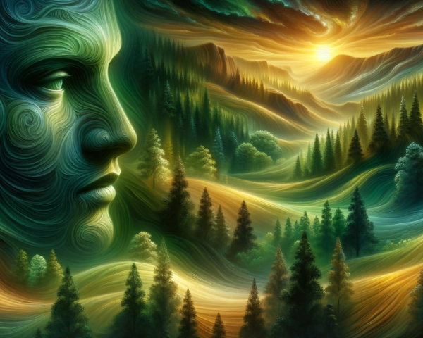 Surreal Landscape with Ethereal Face and Nature Elements