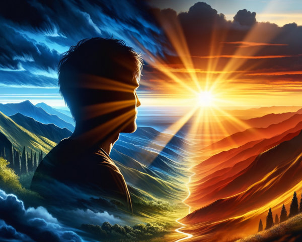Silhouette Against a Dual-Colored Landscape at Sunrise