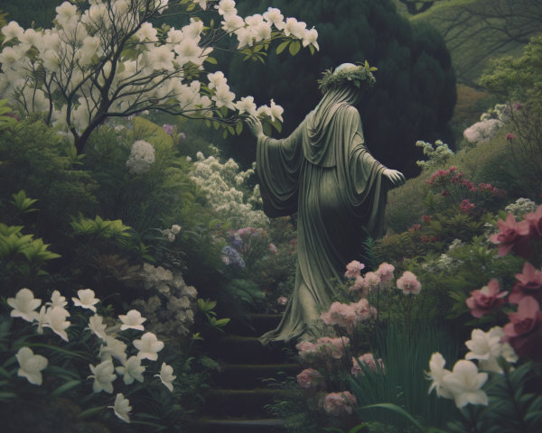 Statue of Cloaked Woman in Blooming Garden Setting
