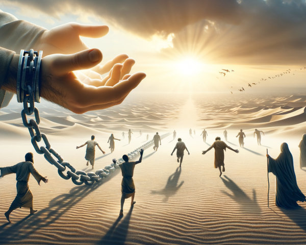 Surreal Desert Landscape with Symbolic Figures and Sunrise