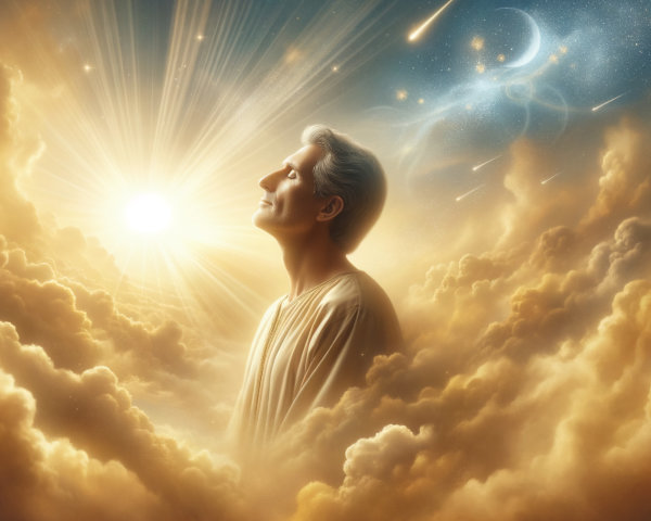 Serene Figure in Dreamlike Cloudy Landscape