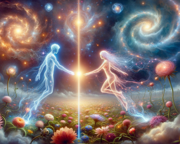 Ethereal Figures in Cosmic Landscape with Flowers
