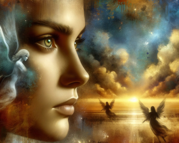 Serene Female Face with Ethereal Figures and Colorful Clouds