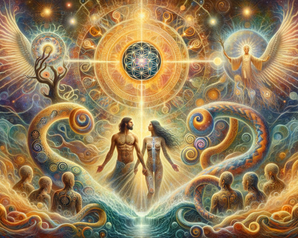 Cosmic Landscape with Figures in Spiritual Connection