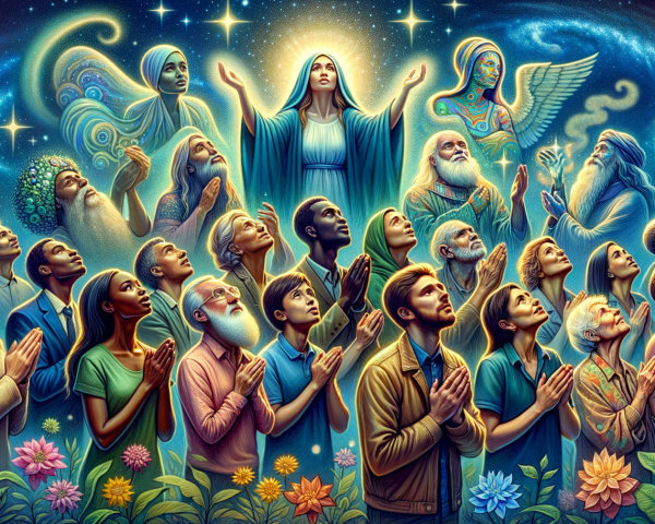 Group in Prayer Under Starry Sky with Celestial Being