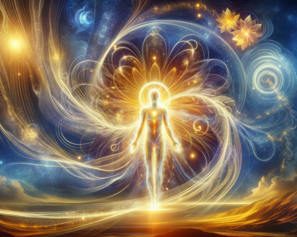 Ethereal Figure in Vibrant Cosmic Backdrop