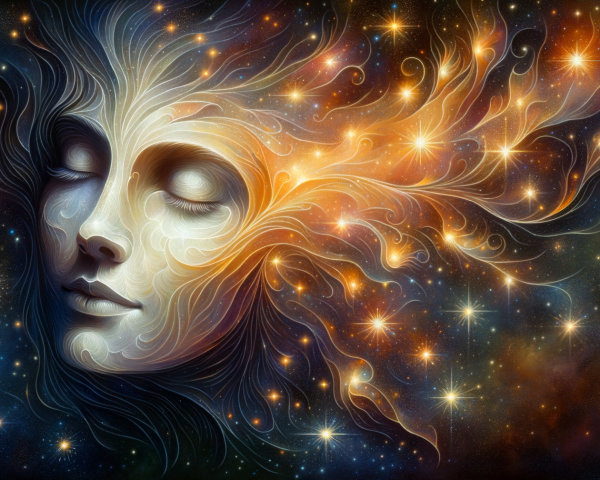 Ethereal Face Surrounded by Cosmic Swirls and Stars
