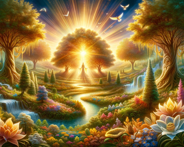 Enchanted Landscape with Waterfalls and Colorful Flora