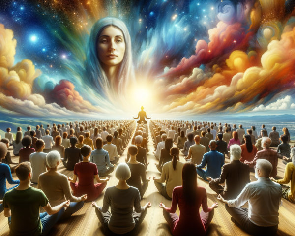 Diverse Group Meditating in Celestial Atmosphere