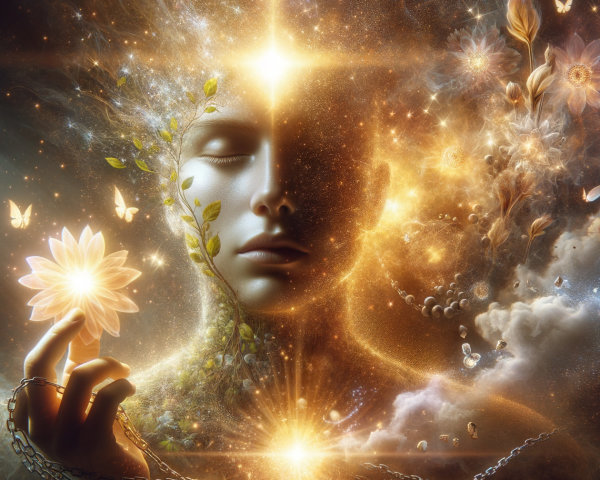 Surreal Figure with Cosmic Elements and Glowing Flower