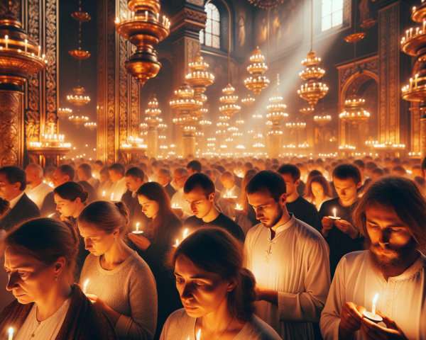 Gathering in a Candlelit Grand Hall with Ornate Decor