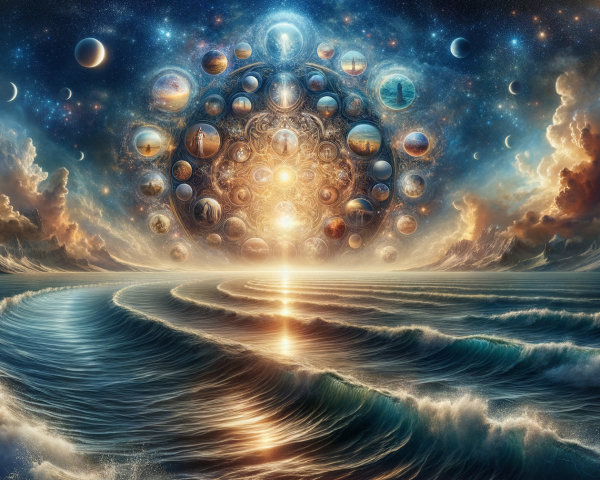 Cosmic Scene with Radiant Sun and Celestial Worlds