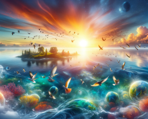 Surreal Sunset Landscape with Colorful Birds and Water