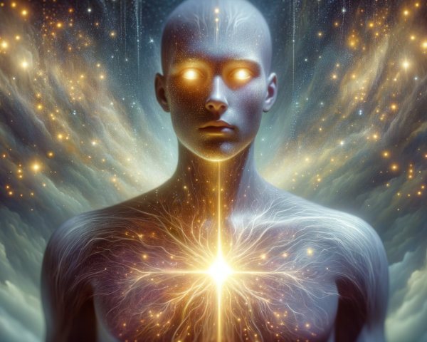 Surreal Figure in Cosmic Landscape with Enlightenment Themes