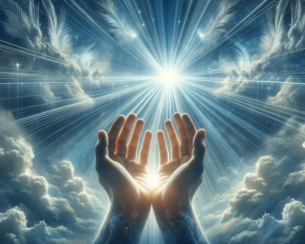 Hands Reaching Upward in a Celestial Scene