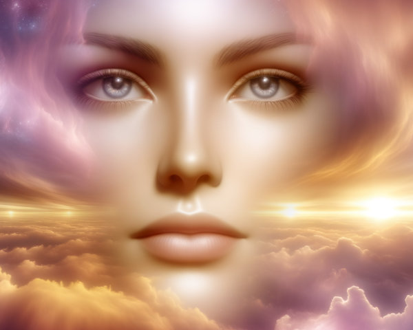 Surreal Female Face in Ethereal Cloud Background