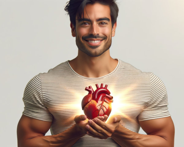 Muscular Man Holding Glowing Heart Against Gray Background