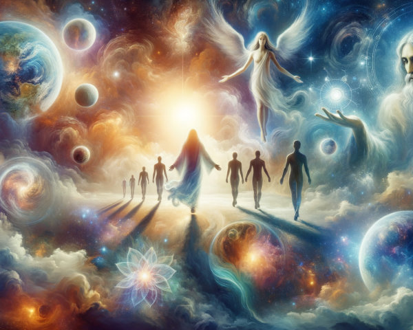 Cosmic Scene with Ethereal Beings and Vibrant Planets