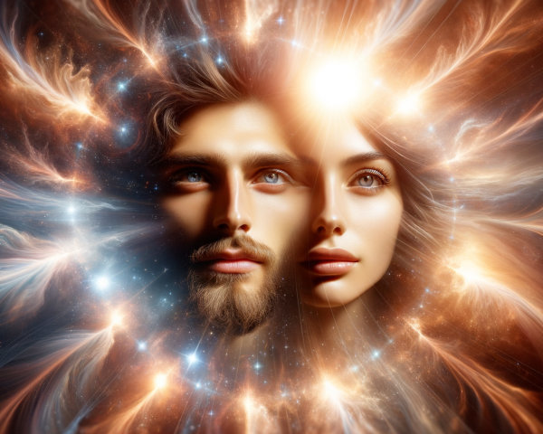 Ethereal Faces Against a Cosmic Backdrop with Stars